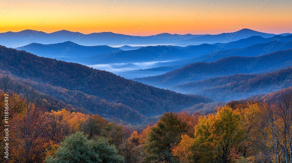 Obraz premium Autumnal Mountain Layers at Sunrise Blue Ridge Landscape Photography, landscape photography, autumn scenery