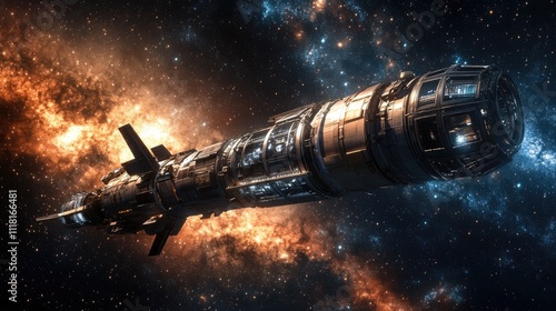 A futuristic spacecraft glides through a vibrant starry nebula, showcasing intricate details and advanced technology.