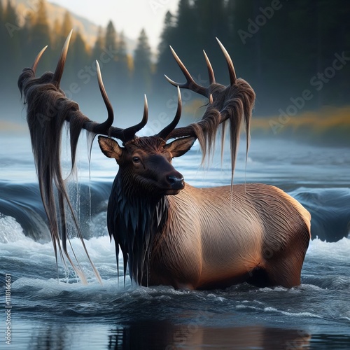 Shedding in the Water An elk stands in a river shedding its antl photo