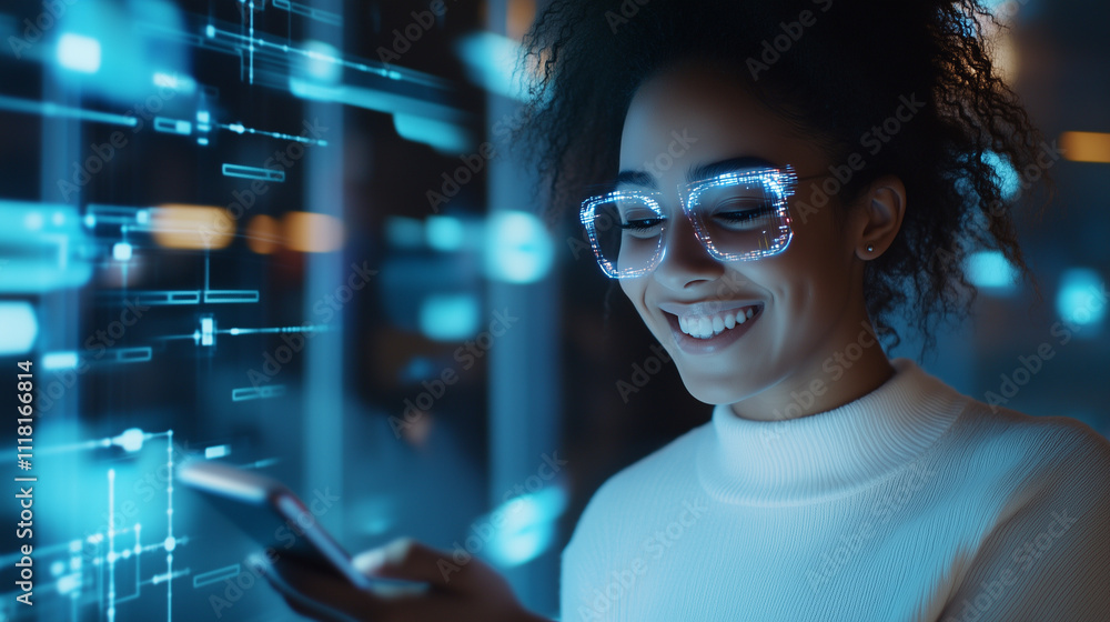 A smiling person interacting with a chatbot on their smartphone, surrounded by futuristic holographic AI elements and digital connections A smiling person interacting with a chatbot on their smartphone, surrounded by futuristic holographic AI elements and digital connections