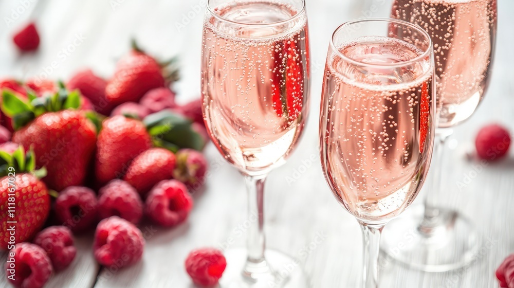 Glasses of pink champagne, surrounded by fresh raspberries on a white table, copy space Glasses of pink champagne, surrounded by fresh raspberries on a white table, copy space