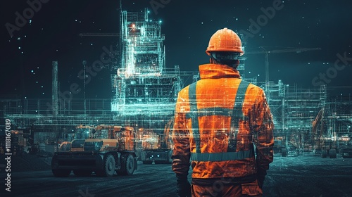 Fototapeta Naklejka Na Ścianę i Meble -  Construction worker viewing digital building blueprint overlayed on real-world construction site at night.  Futuristic concept.