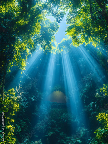 Sunbeams illuminating lush forest canopy.