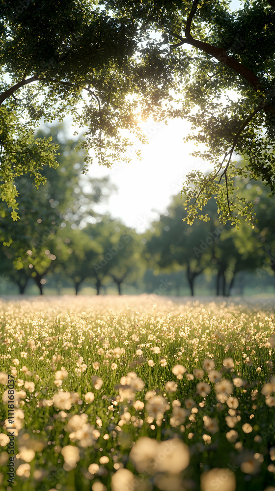 Sunlit meadow with wildflowers and trees. Sunlit meadow with wildflowers and trees.