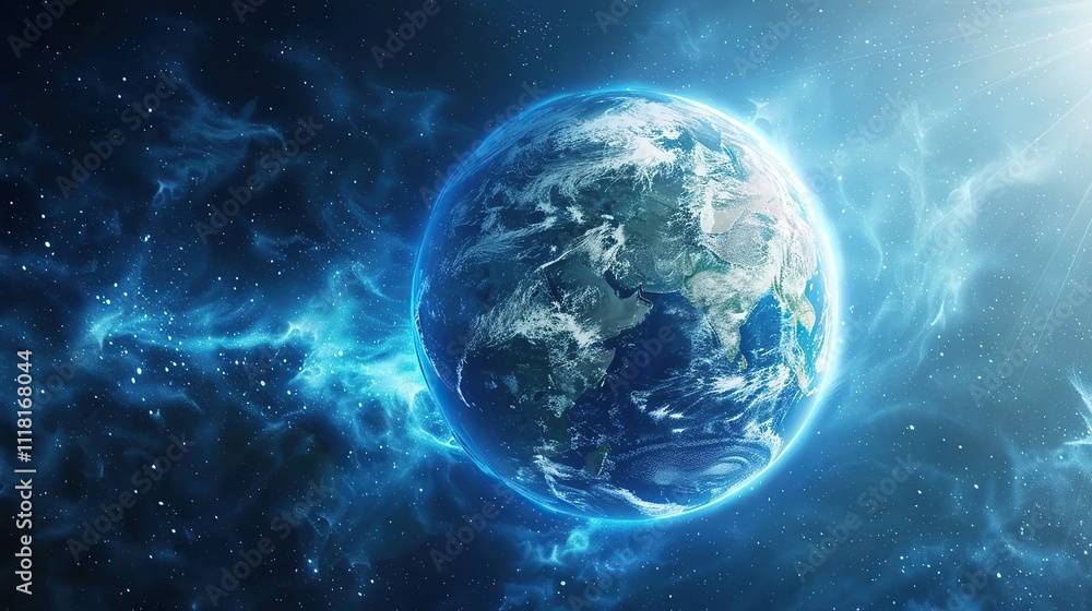 Obraz premium Stunning Earth in space, glowing blue nebula, cosmic background. Perfect for science, environmental, or technology projects.