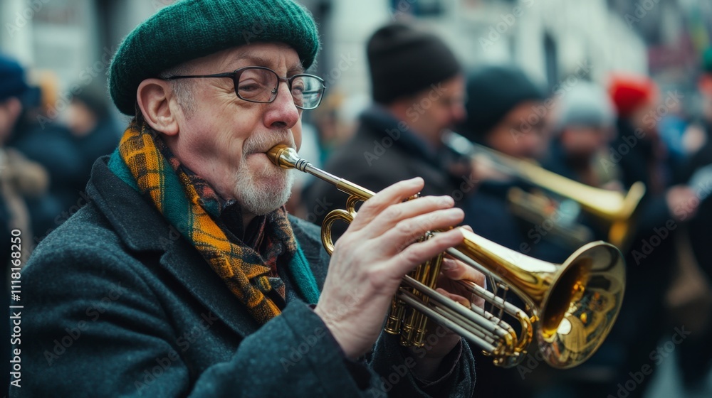 Obraz premium Street Musician Playing Trumpet in the City