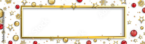 Weihnachten Banner mit goldenen Sternen, Kugeln und Schneeflocken mit goldenem Rahmen für den persönlichen Text photo