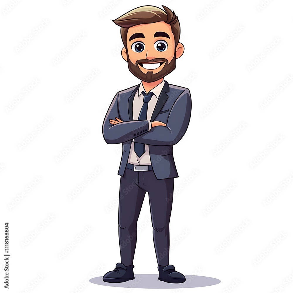 Cartoon sales guy wearing a suit with a confident smile, standing with arms crossed on a white background. Cartoon sales guy wearing a suit with a confident smile, standing with arms crossed on a white background.