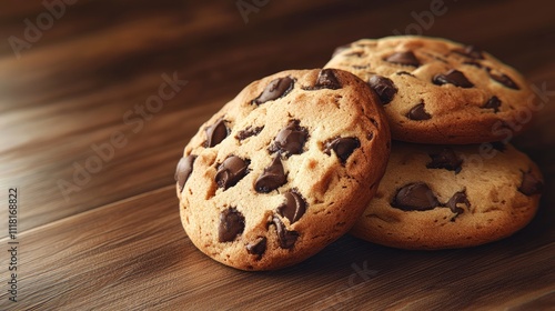 Delicious chocolate chip cookies stacked on a wooden surface, inviting and warm.