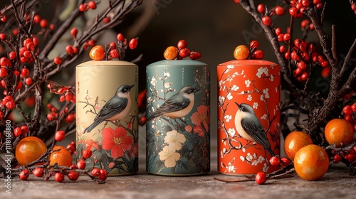 Colorful decorative tea canisters with birds and flowers on a rustic background photo