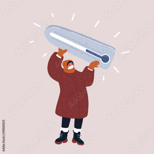Vector illustration of the concept of a warmly dressed woman holding a large thermometer in freezing temperatures