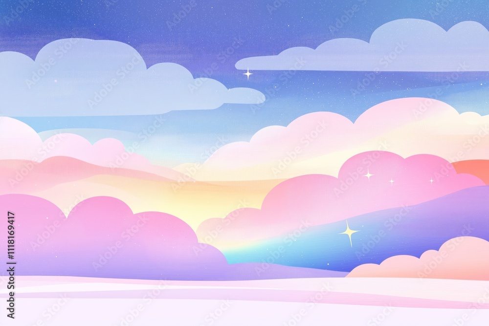 Pastel clouds, starlight form dreamy landscape. Soft pink purple, blue hues create magical sky. Stars twinkle amongst fluffy clouds. Charming illustration perfect for websites magazines related to Pastel clouds, starlight form dreamy landscape. Soft pink purple, blue hues create magical sky. Stars twinkle amongst fluffy clouds. Charming illustration perfect for websites magazines related to