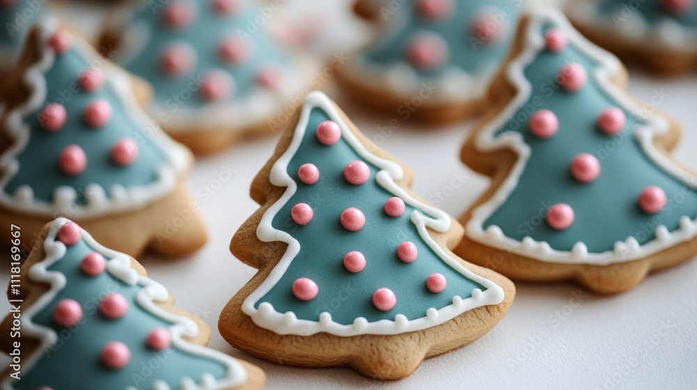 Teal Christmas tree-shaped cookies with pink icing balls. Teal Christmas tree-shaped cookies with pink icing balls.