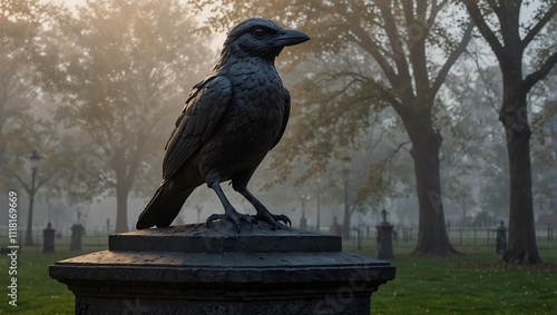 Wallpaper Mural Whispers of the Morning: A Bronze Crow Sculpture in a Misty Park Torontodigital.ca