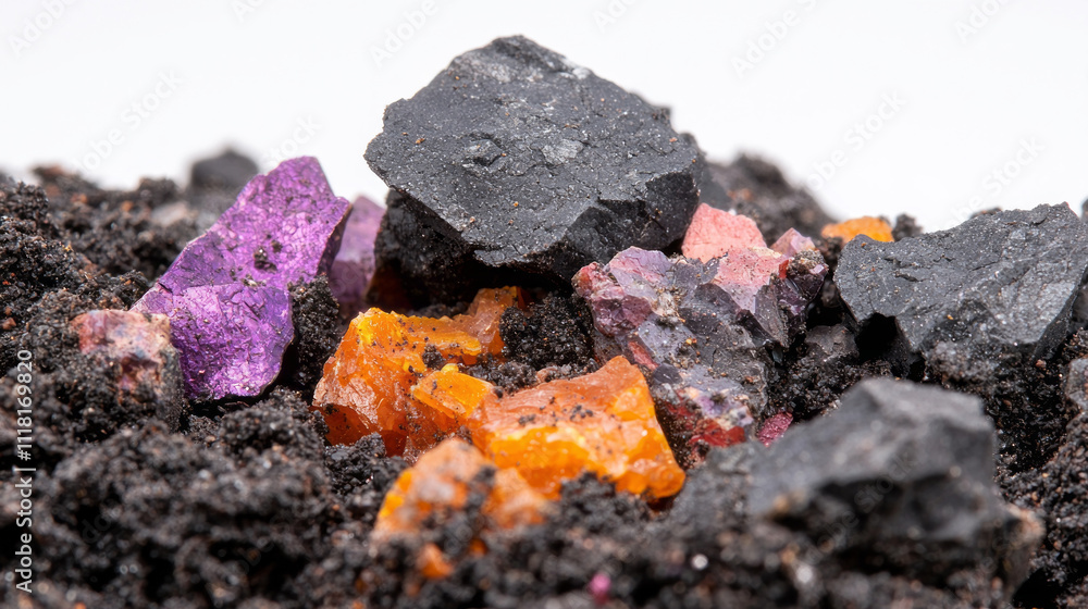 Colorful minerals and dark soil create striking natural composition Colorful minerals and dark soil create striking natural composition