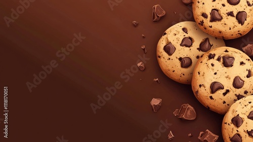 Delicious chocolate chip cookies arranged on a rich brown background. photo