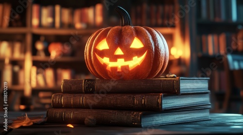 Fototapeta Naklejka Na Ścianę i Meble -  Halloween pumpkin on books with glowing faces, cartoon style