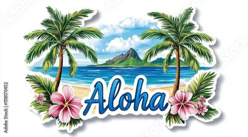Hawaii beach scene, text 