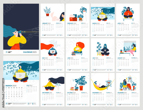 Relax and meditation 2025 Calendar. 12 Months full vector Calendar