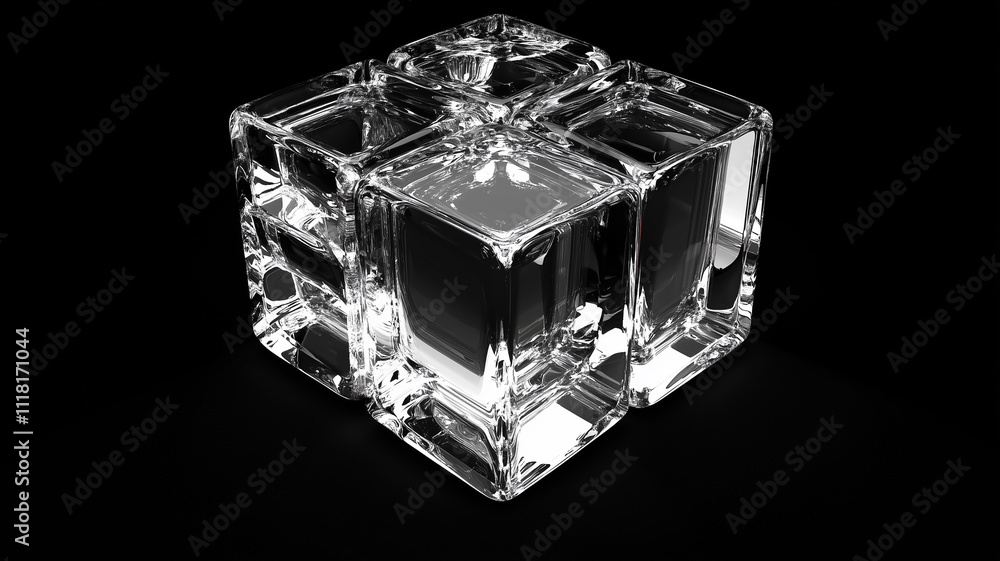 Transparent Glass Cube on Black Background with Reflective Highlights Transparent Glass Cube on Black Background with Reflective Highlights