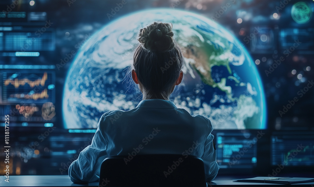 A person observing Earth from a futuristic control room, surrounded by digital data displays and graphs, symbolizing technology and global monitoring. A person observing Earth from a futuristic control room, surrounded by digital data displays and graphs, symbolizing technology and global monitoring.