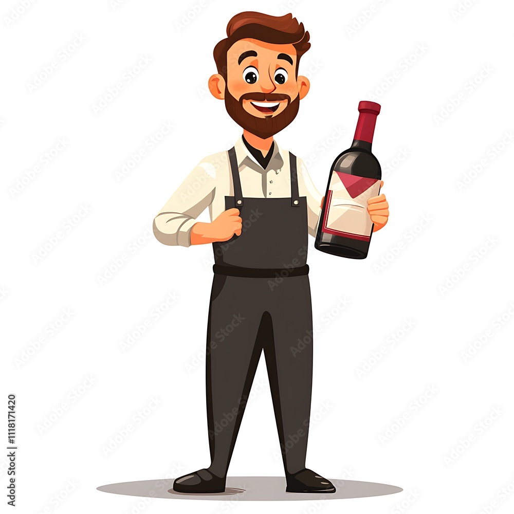 Cartoon employee holding a wrapped bottle of wine on a white background Cartoon employee holding a wrapped bottle of wine on a white background