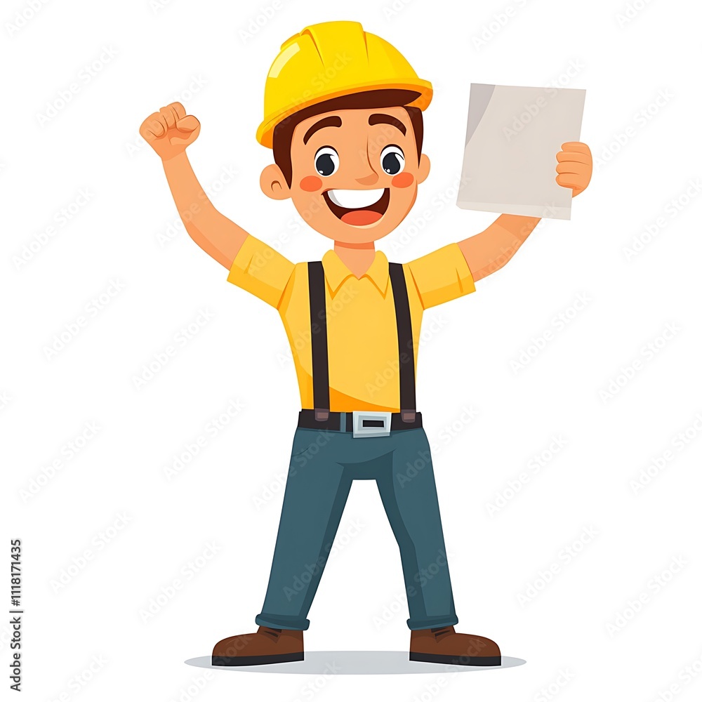 Cartoon worker celebrating a project completion on a white background Cartoon worker celebrating a project completion on a white background