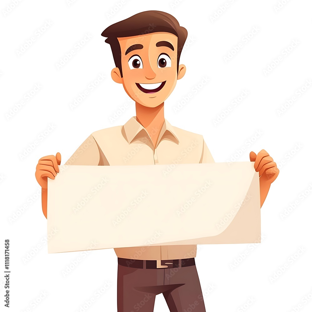 Cartoon staff member holding a company logo banner on a white background Cartoon staff member holding a company logo banner on a white background