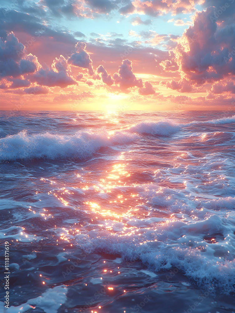 Vibrant sunset over ocean waves. Vibrant sunset over ocean waves.
