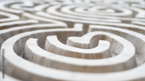Close-up view of a wooden labyrinth structure showcasing intricate spiral patterns and textures, inviting thought and exploration.