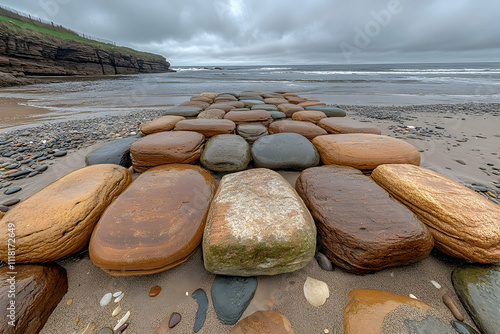 Wet stones path leading to the ocean on a cloudy day.