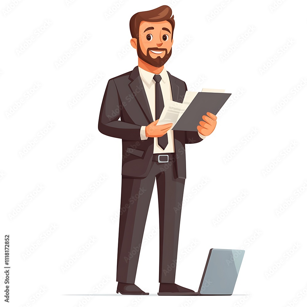 Cartoon sales guy in a business suit with a laptop open, discussing a deal on a white background. Cartoon sales guy in a business suit with a laptop open, discussing a deal on a white background.