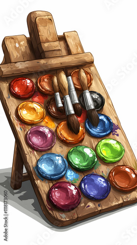 Wooden easel with paint palette and brushes.