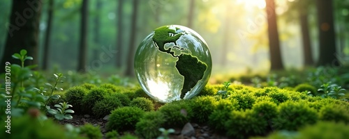 Glass globe rests on green forest floor. Globe shows world map. Sunlight illuminates plants. Eco friendly theme. Nature concept. Image evokes global environmental awareness. Ideal for nature photo