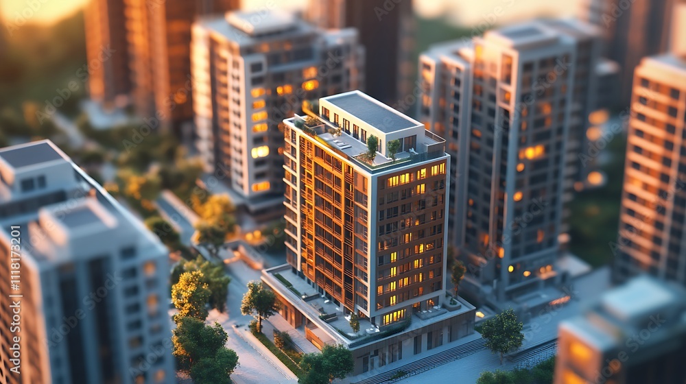 Fototapeta premium Luxury Urban Apartments Sunrise View Modern Cityscape Architectural Design Elegance Photo