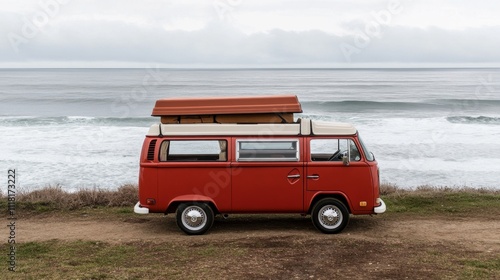 Vintage Red Camper Van by the Ocean photo