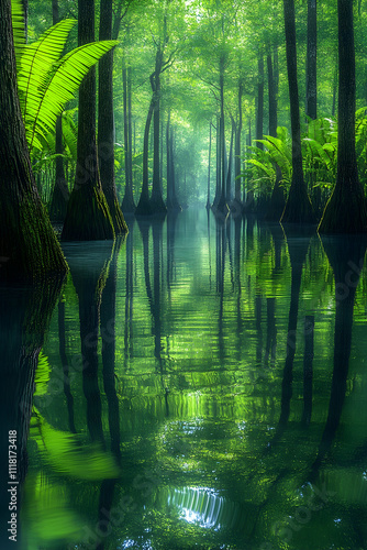 Serene swamp with lush green trees and calm water reflecting the forest.