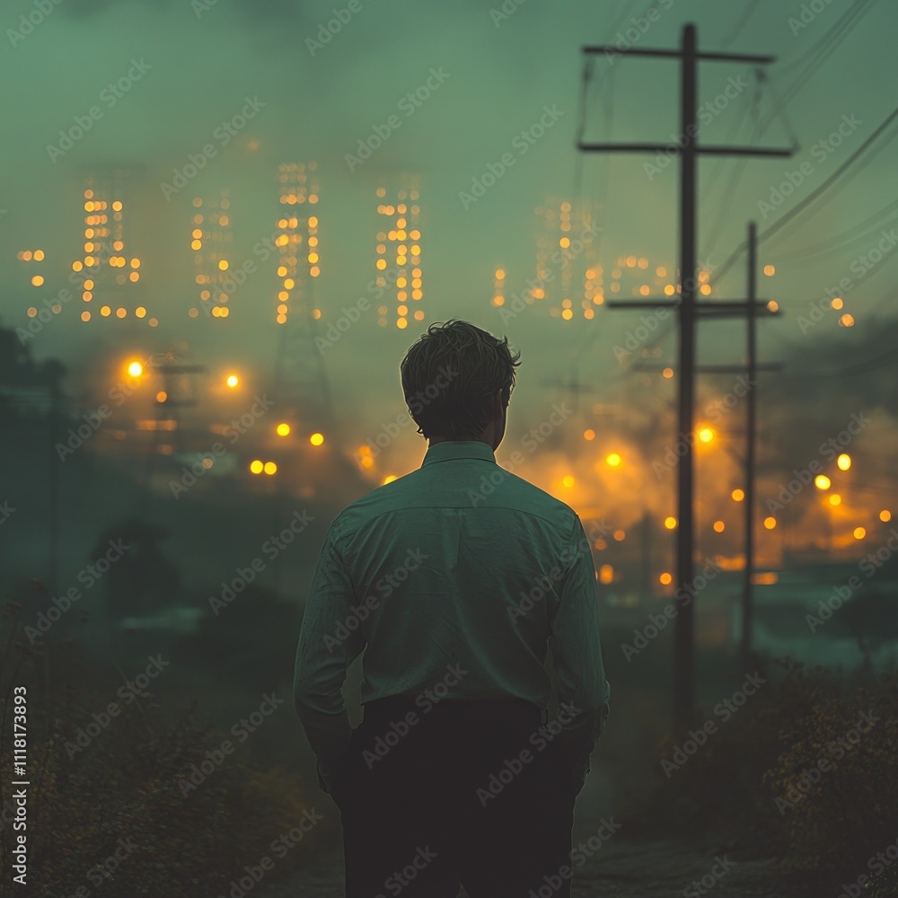 A man stands in contemplation before a smoky industrial landscape illuminated by distant lights. A man stands in contemplation before a smoky industrial landscape illuminated by distant lights.