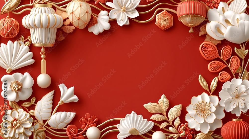 Chinese New year backdrop concept. Elegant festive frame featuring white floral elements and decorative lanterns on a vibrant red background. Perfect for celebrations and invitations. Chinese New year backdrop concept. Elegant festive frame featuring white floral elements and decorative lanterns on a vibrant red background. Perfect for celebrations and invitations.