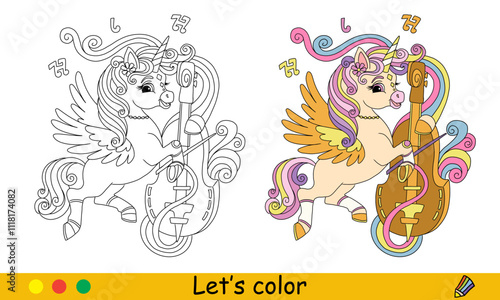 Kids coloring with color template unicorn plays the double bass