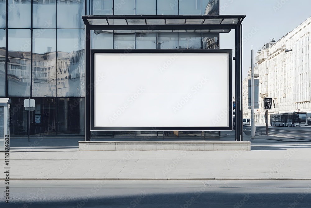 Blank Billboard Advertisement on City Street, Modern Building Reflection Blank Billboard Advertisement on City Street, Modern Building Reflection
