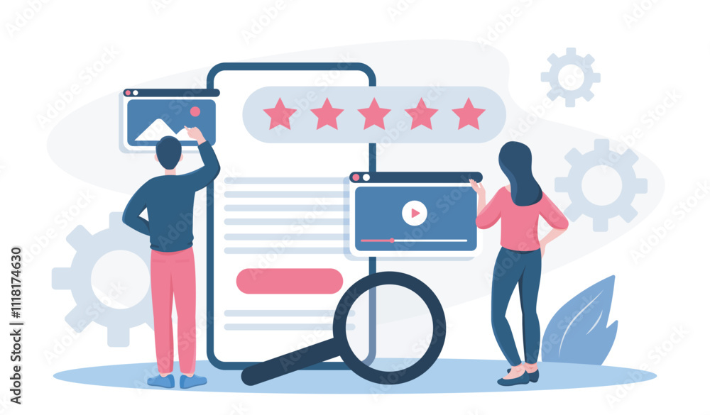 Online magazine editor. Man and woman developing content for website. People upload image and video. Mass media and journalists. Flat vector illustration Online magazine editor. Man and woman developing content for website. People upload image and video. Mass media and journalists. Flat vector illustration