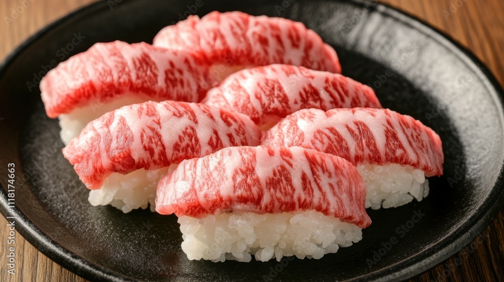 Top Down View of Wagyu Sushi Plated Elegantly Top Down View of Wagyu Sushi Plated Elegantly