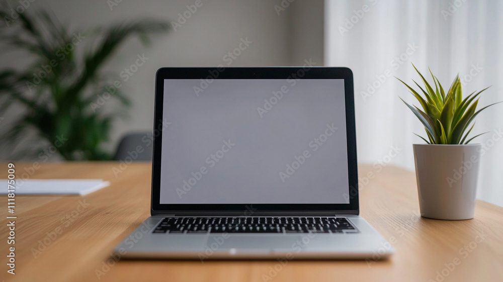 Laptop on a wooden desk with a plant and natural light background. Laptop on a wooden desk with a plant and natural light background.
