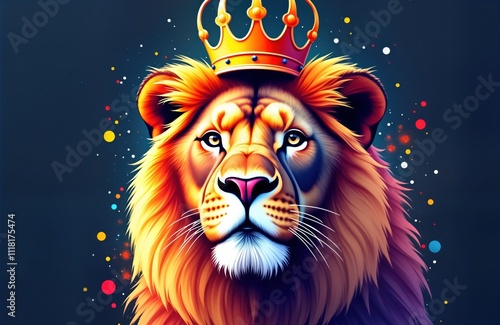 Colorful abstract lion with gold crown. Majestic lion king image. Generative art style. Powerful, regal illustration. Royal animal design for diverse media applications. Creative concept for branding photo