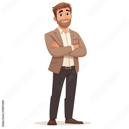 Cartoon sales guy in a sleek blazer, standing confidently with arms folded on a white background.