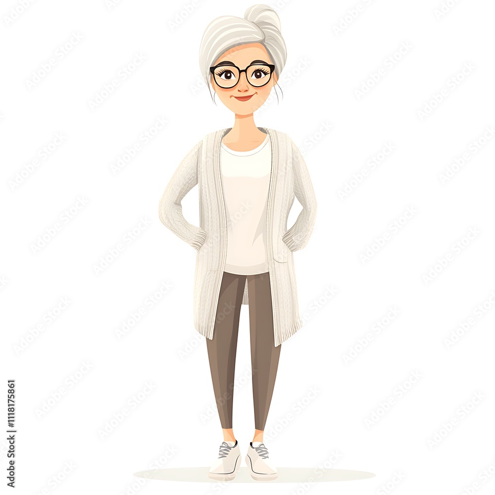 Cartoon middle-aged woman in a long-line cardigan with joggers on a white background. Cartoon middle-aged woman in a long-line cardigan with joggers on a white background.