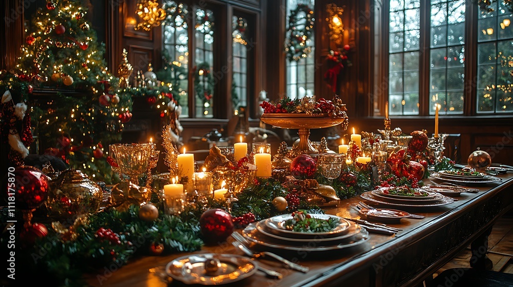 Lavish Christmas dinner spread on a Victorian-style table surrounded by garlands candles and vintage ornaments Lavish Christmas dinner spread on a Victorian-style table surrounded by garlands candles and vintage ornaments