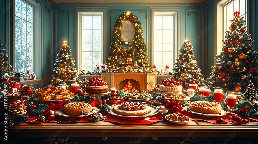 Fototapeta premium Flat design illustration of a grand Victorian Christmas dinner table with traditional food and luxurious decor
