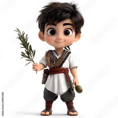 Cute cartoon illustration of a Greek boy wearing traditional foustanella costume, holding an olive branch, on a clean white background, pastel colors, isolated. Ultra-Realistic, Photo Realistic,  photo